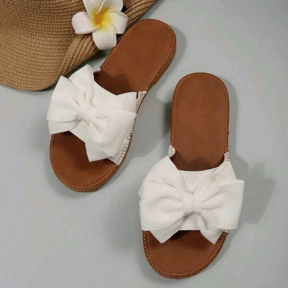 Preppy Slide Sandals For Women, Bow Decor Single Band Flat Sandals - Picture 3 of 7